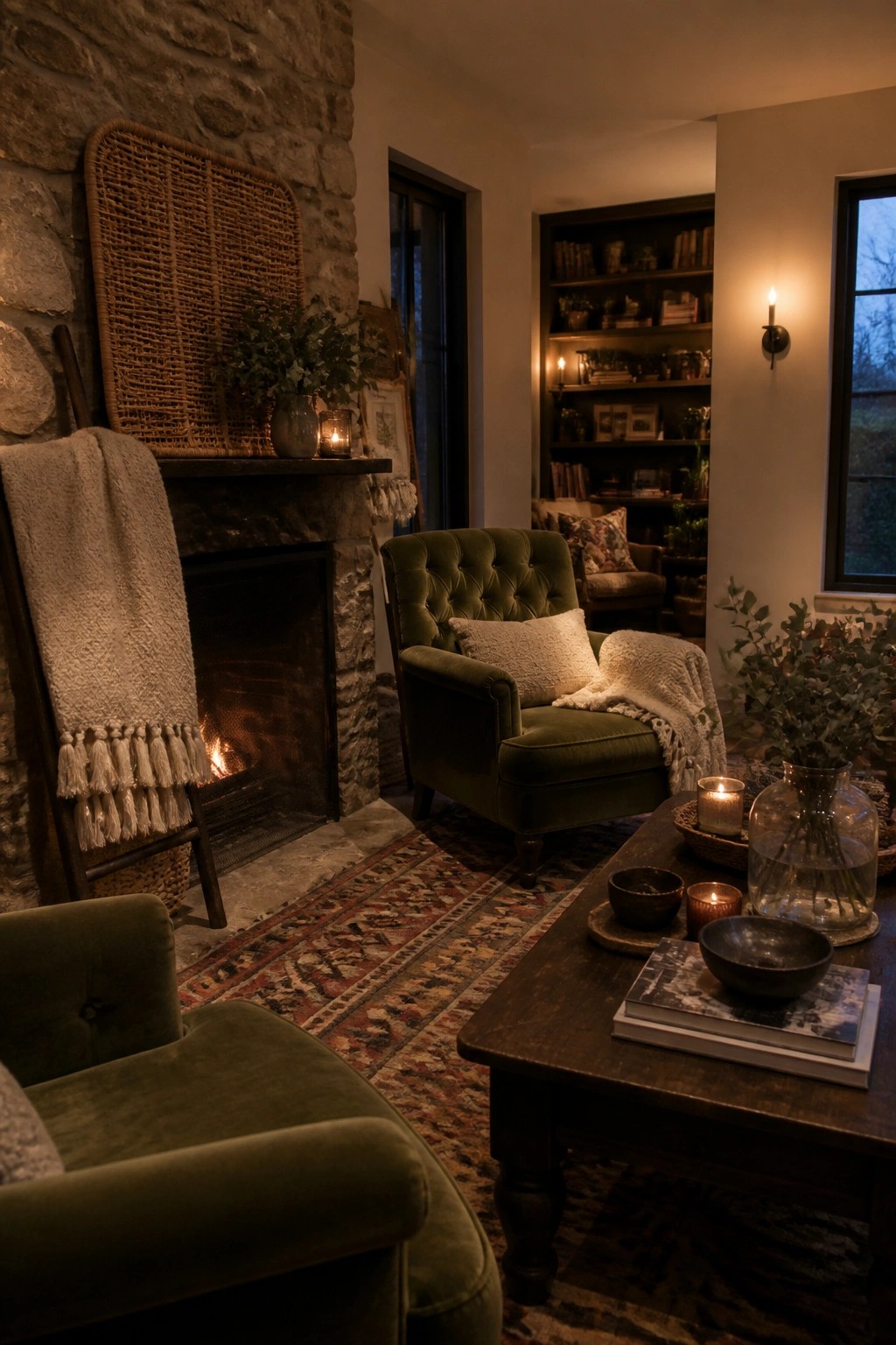 A living room featuring green velvet armchairs, a stone fireplace with a woven screen above it, a dark wood coffee table holding candles and bowls, and a patterned area rug.