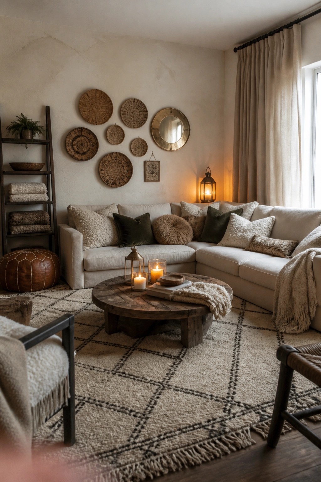 A boho living room with an L-shaped white sectional sofa layered with textured pillows and throws, a round wooden coffee table holding candles and a knit blanket, woven wall decor, and a large patterned area rug.