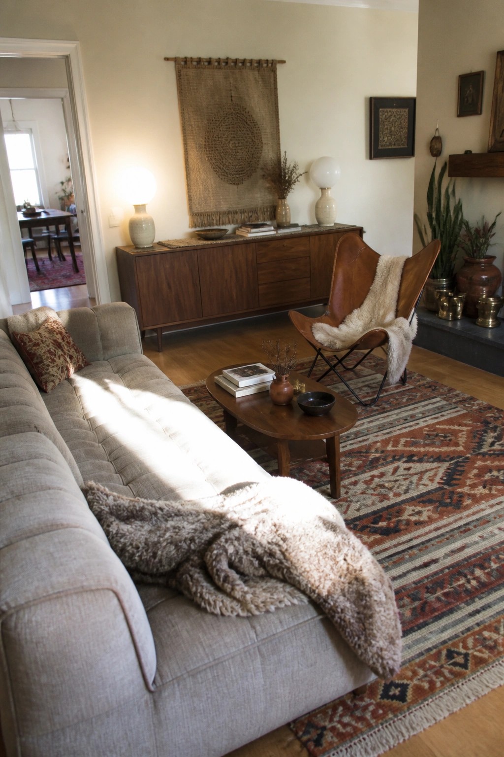 Sunlit living room with gray sofa, leather chair, patterned rug, and wooden sideboard.