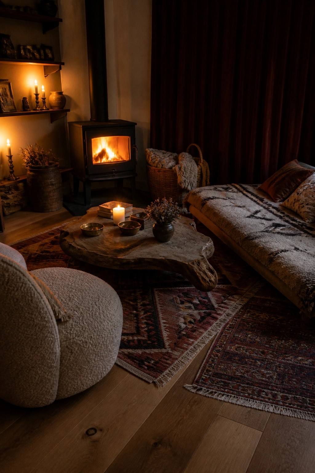 Cozy rustic room with burning wood stove, candlelit table, armchair, and layered rugs.