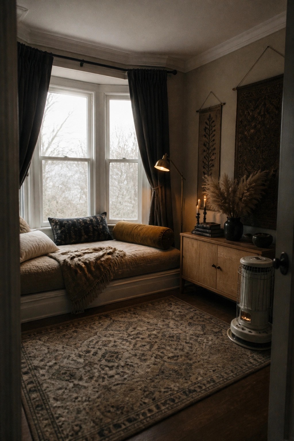 A room interior with a cushioned window seat under three windows, dark curtains, a mustard bolster pillow, a patterned throw, a wooden cabinet holding candles and dried grass, wall hangings, and a large patterned rug on the floor.