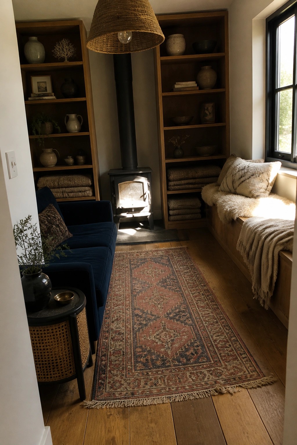 A cozy living room with a blue sofa, built-in wooden shelves, a black wood stove, and a window seat covered in layered textiles including a sheepskin throw and patterned pillows.