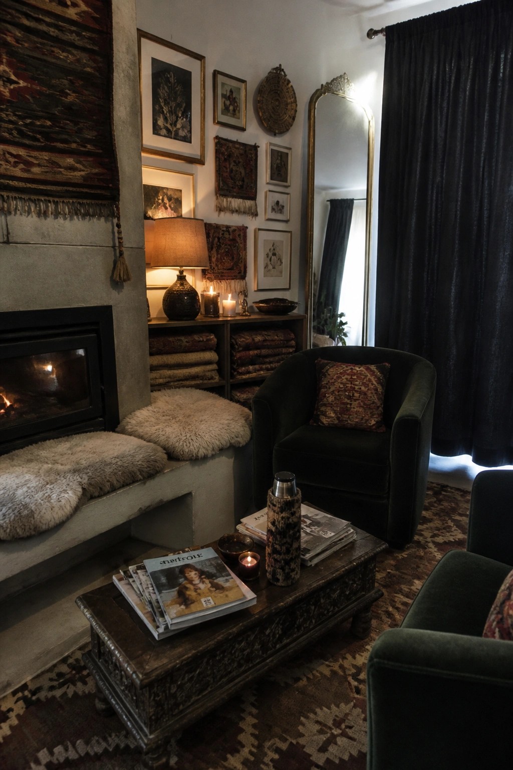 Cozy eclectic living room with green velvet chair, fireplace, patterned rugs, and gallery wall.