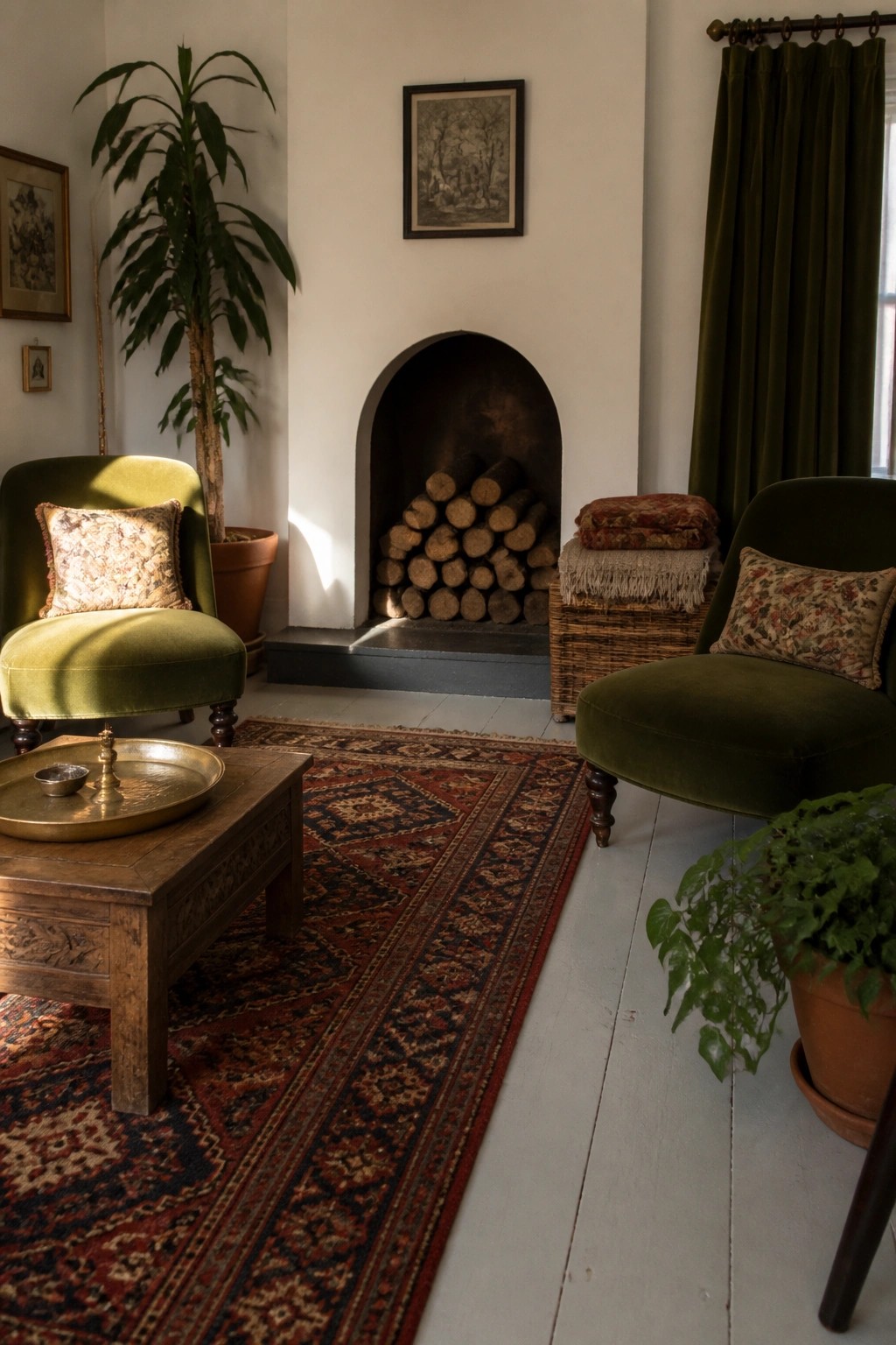 A living room featuring two green velvet armchairs, a wooden coffee table on a large patterned rug, and a fireplace filled with stacked logs.