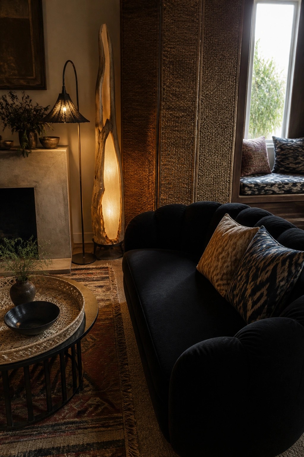 A dark living room featuring a black curved sofa with patterned pillows, a round coffee table, a tall glowing floor lamp, and a concrete fireplace.