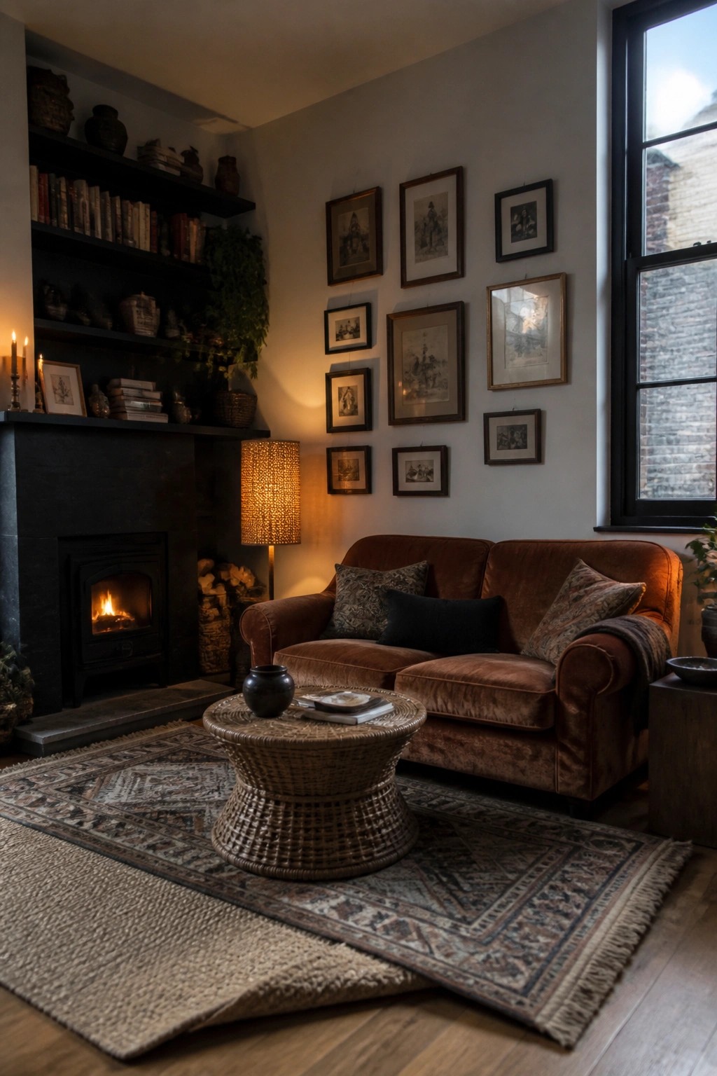 A living room interior showing a brown velvet sofa, a gallery wall of assorted framed prints above it, a lit fireplace to the left, and a woven coffee table on a patterned rug.