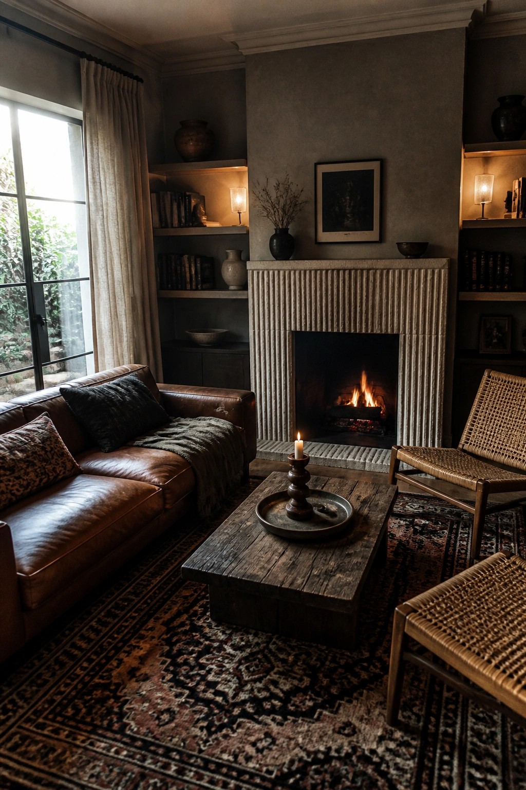 A living room featuring a central fireplace with built-in shelves on both sides holding books and lit lamps, a brown leather sofa, a wooden coffee table, and woven chairs on a patterned rug.