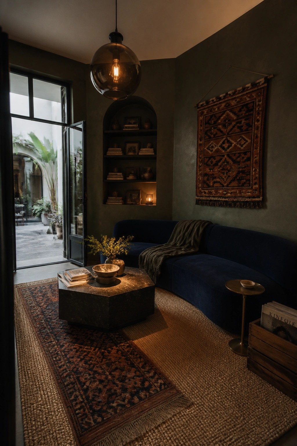 A dark green living room with a navy curved sofa, stone coffee table on layered rugs, open glass doors, and an arched built-in shelf with books and a small light.