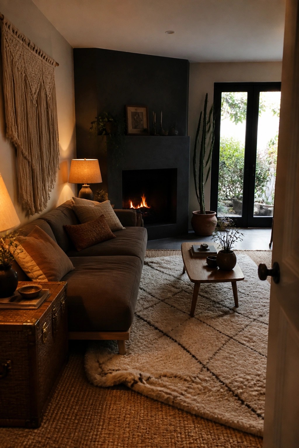 A cozy living room features a dark accent wall with a lit fireplace, a gray sectional sofa, layered rugs, a wooden coffee table, macrame wall hanging, and warm table lamps.