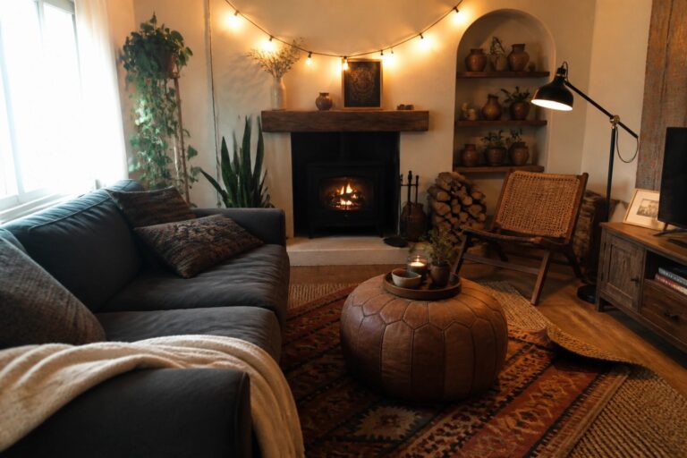 A living room with a dark sofa, patterned rugs, a lit fireplace, wooden furniture, and string lights strung along the walls.
