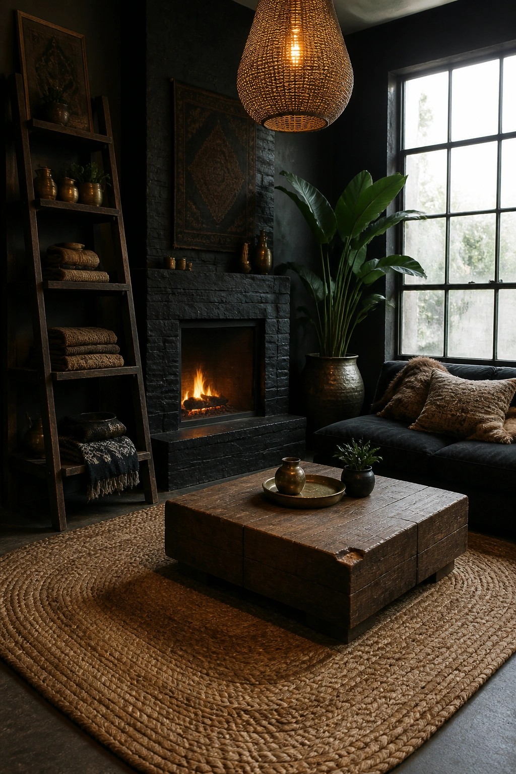 A dark living room featuring a black stone fireplace, a large glowing woven pendant light, a rustic wooden coffee table on a round jute rug, and a dark sofa with textured pillows.