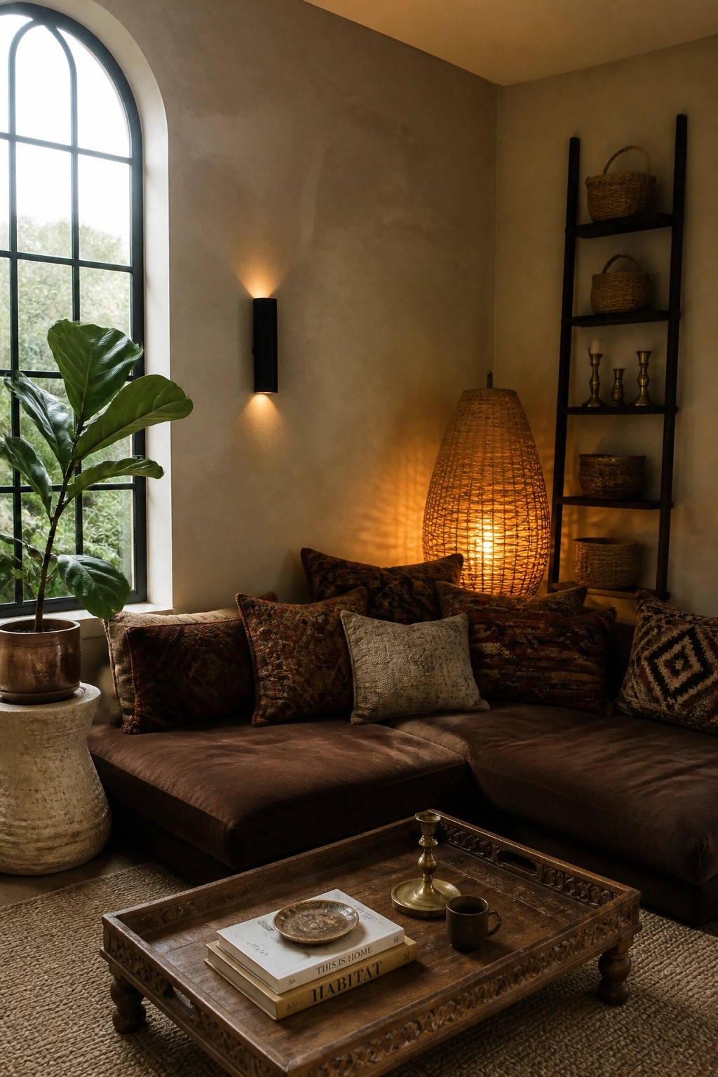 A living room corner with a dark brown sectional sofa, patterned pillows, a large glowing woven floor lamp, a wall sconce, and a potted plant beside an arched window.