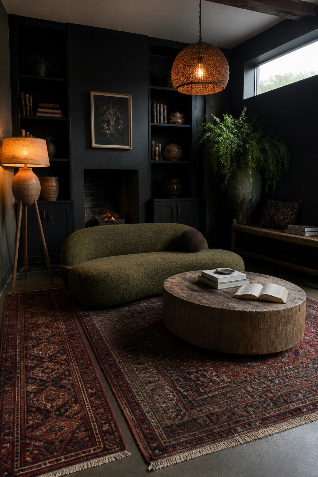 A dark living room with a curved green sofa, round wooden coffee table, layered patterned rugs, built-in black shelves, and warm lighting from a floor lamp and hanging pendant.