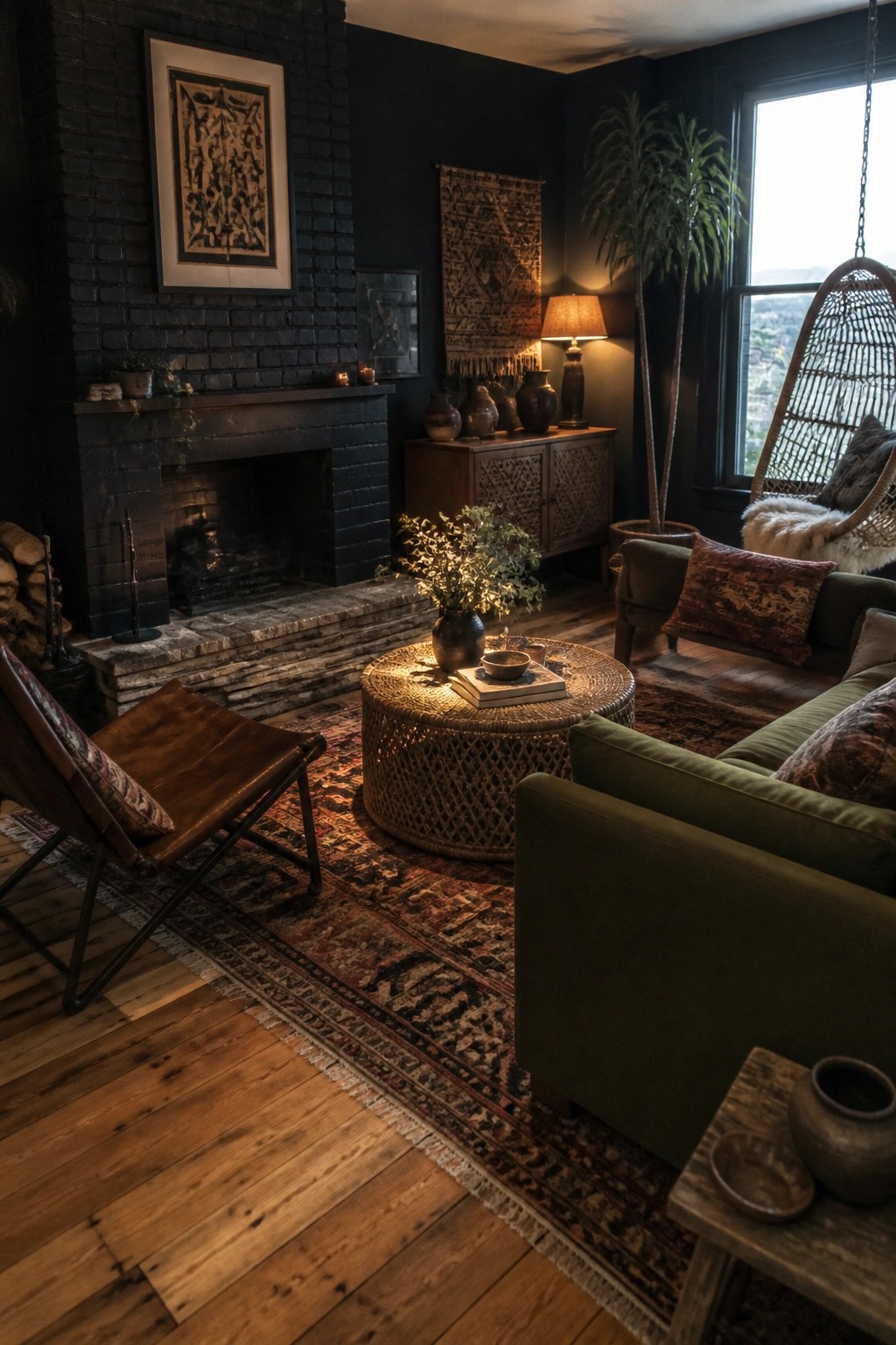 A dark-walled living room with a brick fireplace, green sofa, woven coffee table, leather chair, hanging chair by the window, and warm lighting from a table lamp and fire.