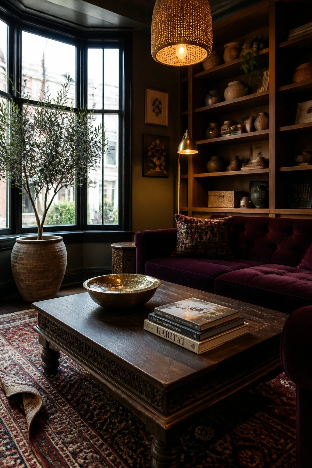 A dark living room features a purple velvet sofa, wooden coffee table with books, built-in shelves, large window with a potted olive tree, and warm light from a woven pendant lamp.