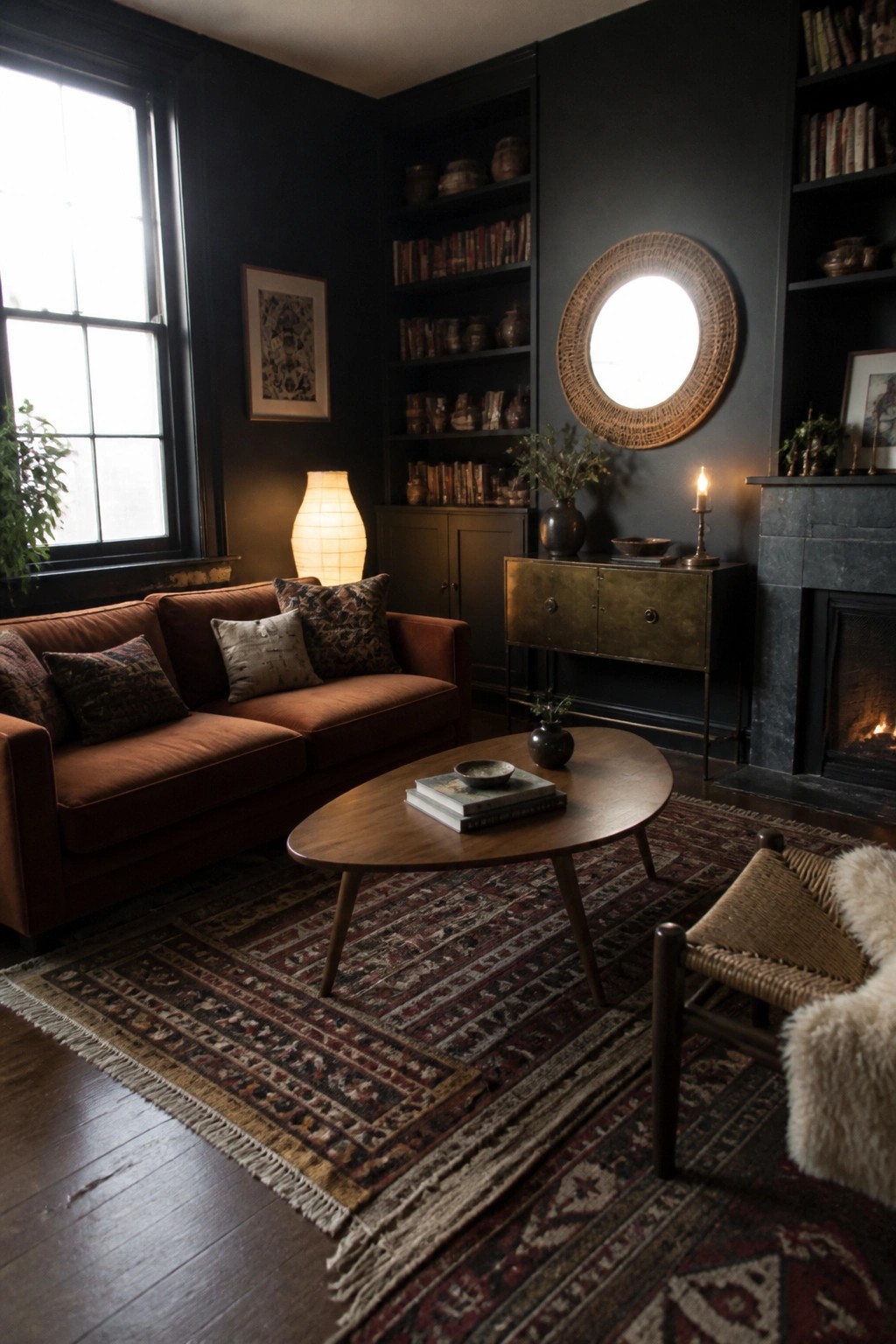 A dark living room with a rust-colored sofa, wooden coffee table on a patterned rug, built-in bookshelves, a fireplace, and warm light from a paper lamp and candles.