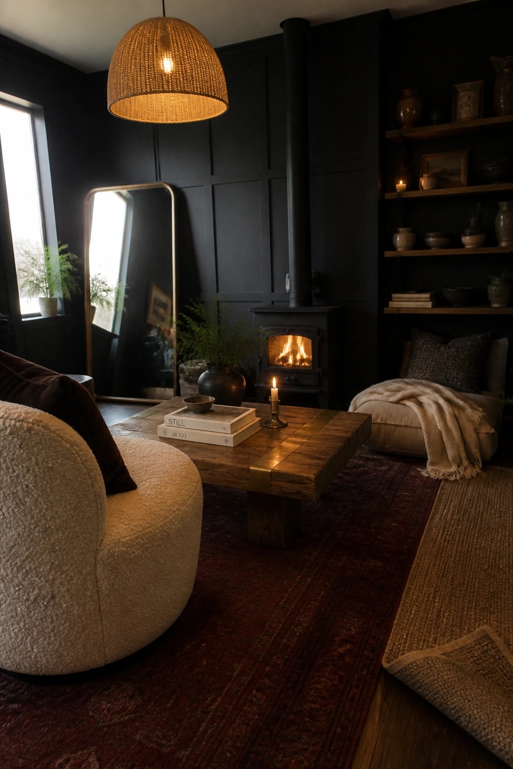 A dark living room with black walls, a wood stove with fire, a large woven pendant light, a wooden coffee table with books and a candle, a white boucle chair, and a tall mirror reflecting a window.