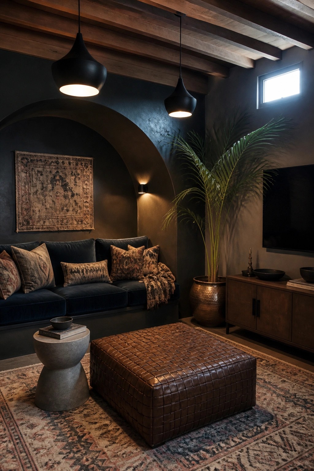 A dark living room featuring a navy velvet sofa under an arched niche, two black pendant lights, a woven leather ottoman, and a tall potted palm beside a wooden media cabinet.