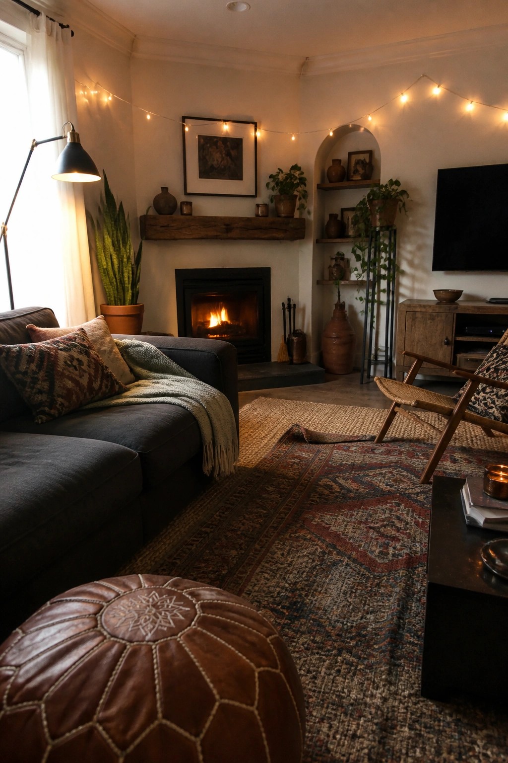 A living room with a dark sofa, patterned rugs, a lit fireplace, wooden furniture, and string lights strung along the walls.