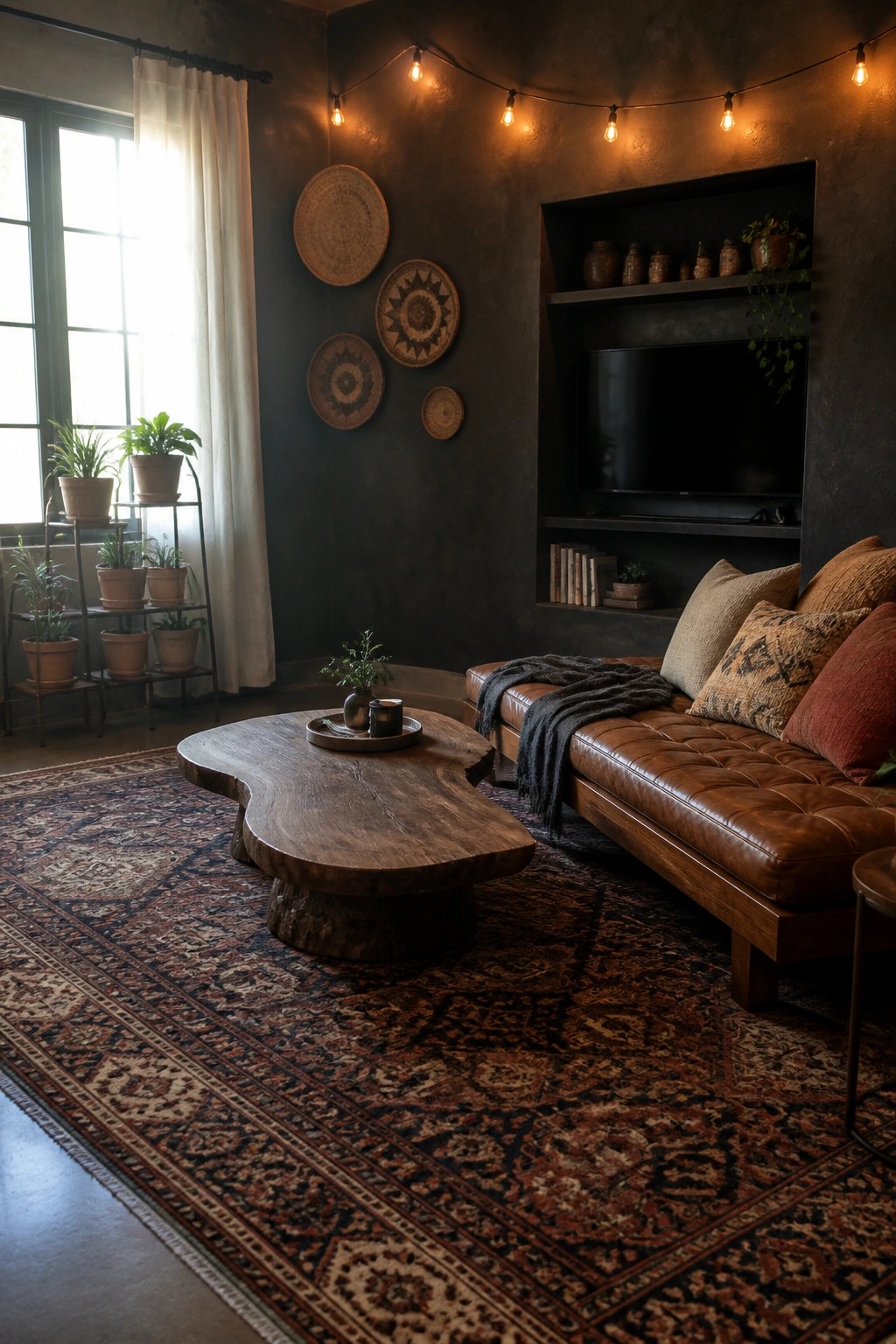 A dark boho living room with a brown leather sofa, wooden coffee table on a patterned rug, potted plants, woven wall decor, and string lights above a built-in TV area.