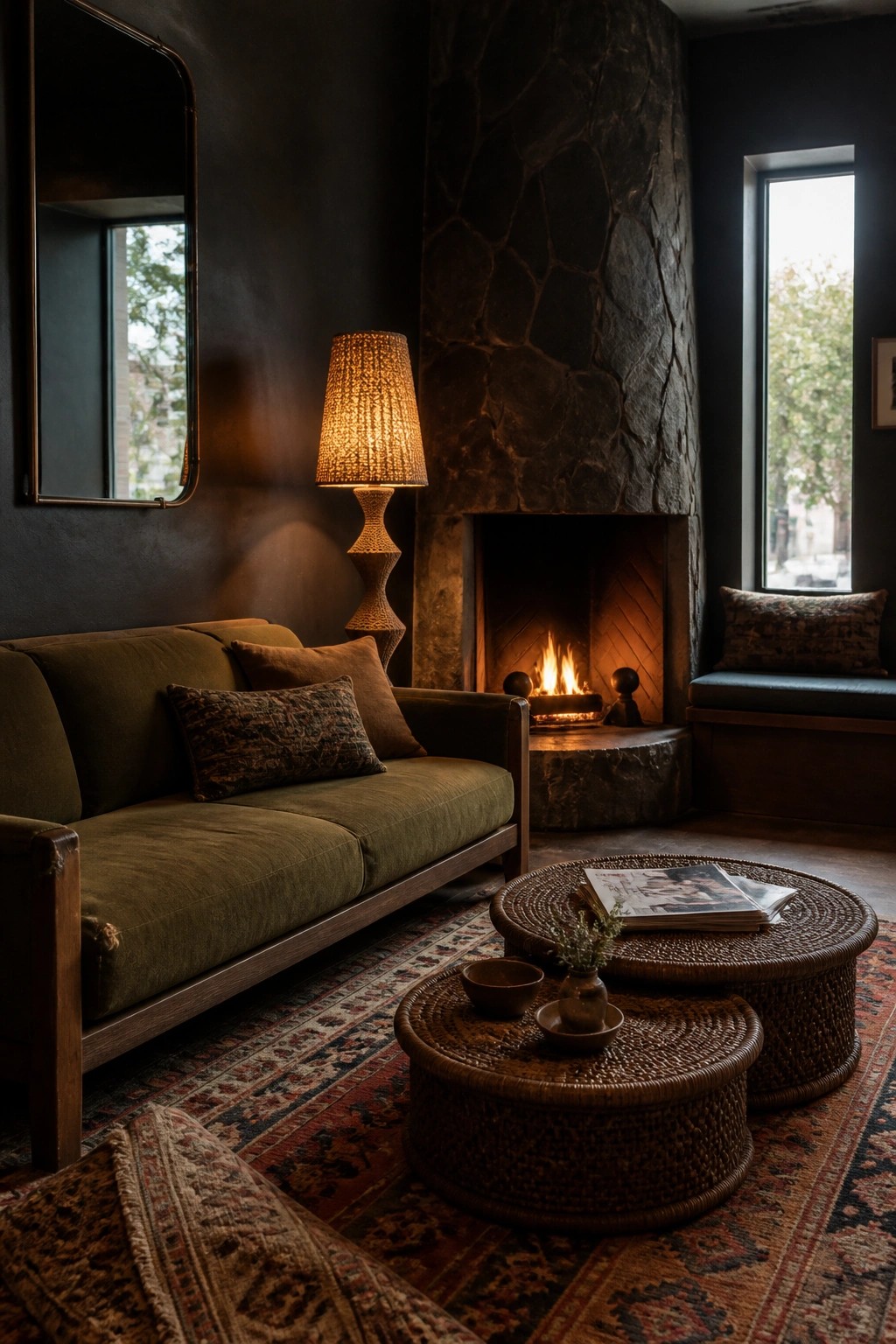 A dark living room with a green sofa, patterned rug, woven coffee tables, lit floor lamp, and a stone fireplace with a fire burning.