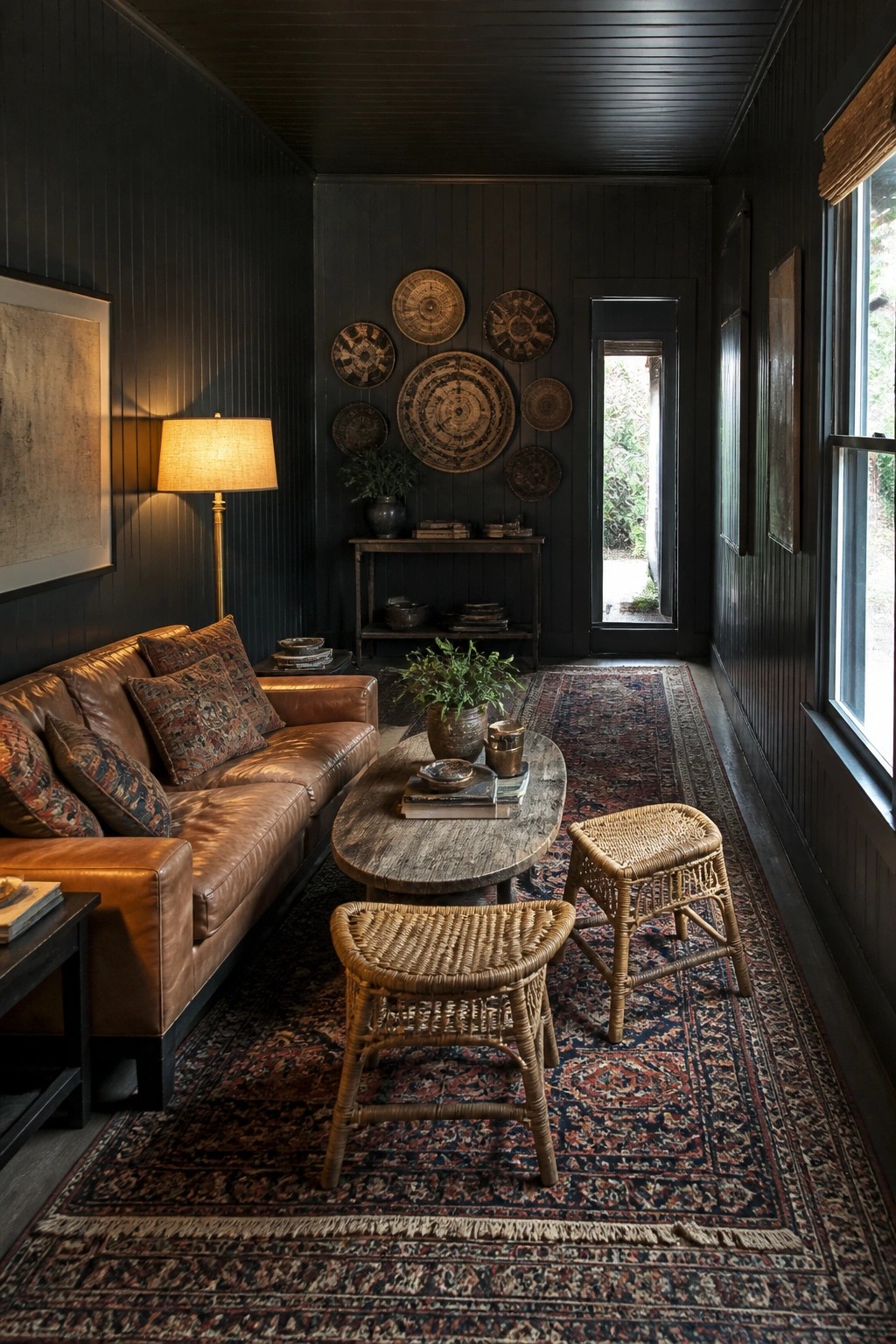 Dark paneled room with leather sofa, wicker stools, oval table on patterned rug.