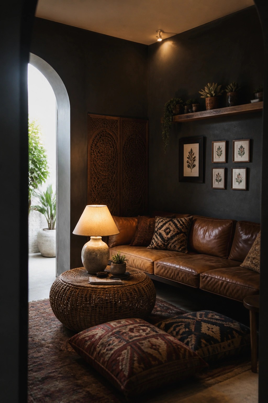 A dark-walled living room with a brown leather sofa, patterned floor cushions, a woven coffee table holding a lit ceramic lamp, and framed botanical prints above the seating.