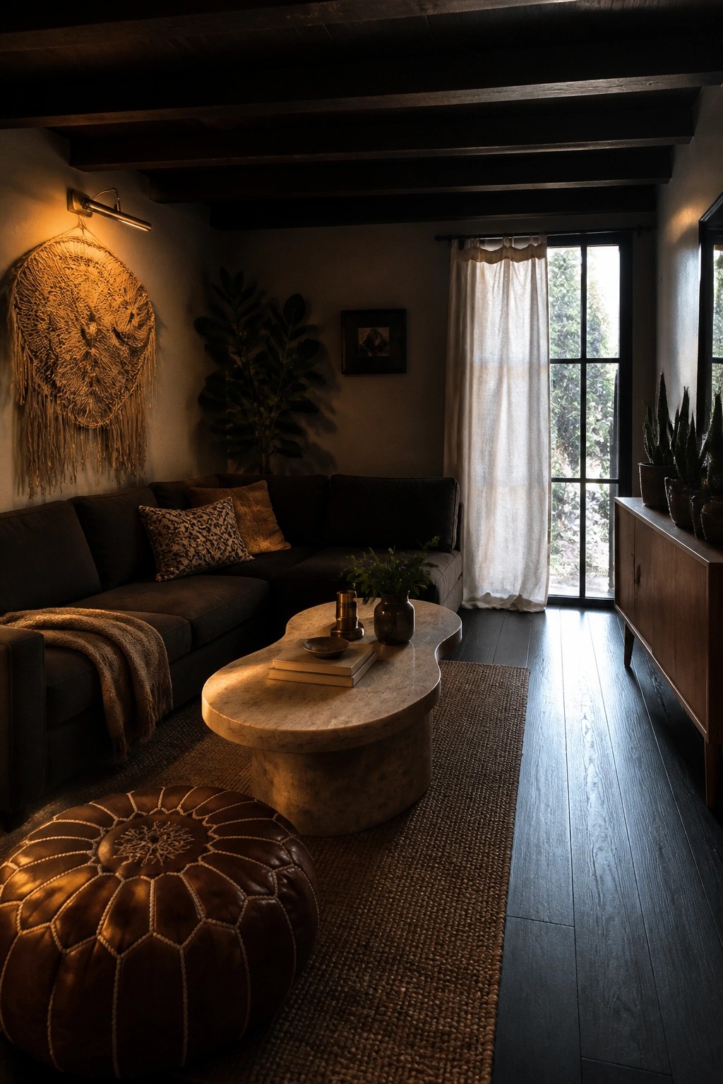 Cozy living room with dark sofa, marble coffee table, leather pouf, and macrame wall art.