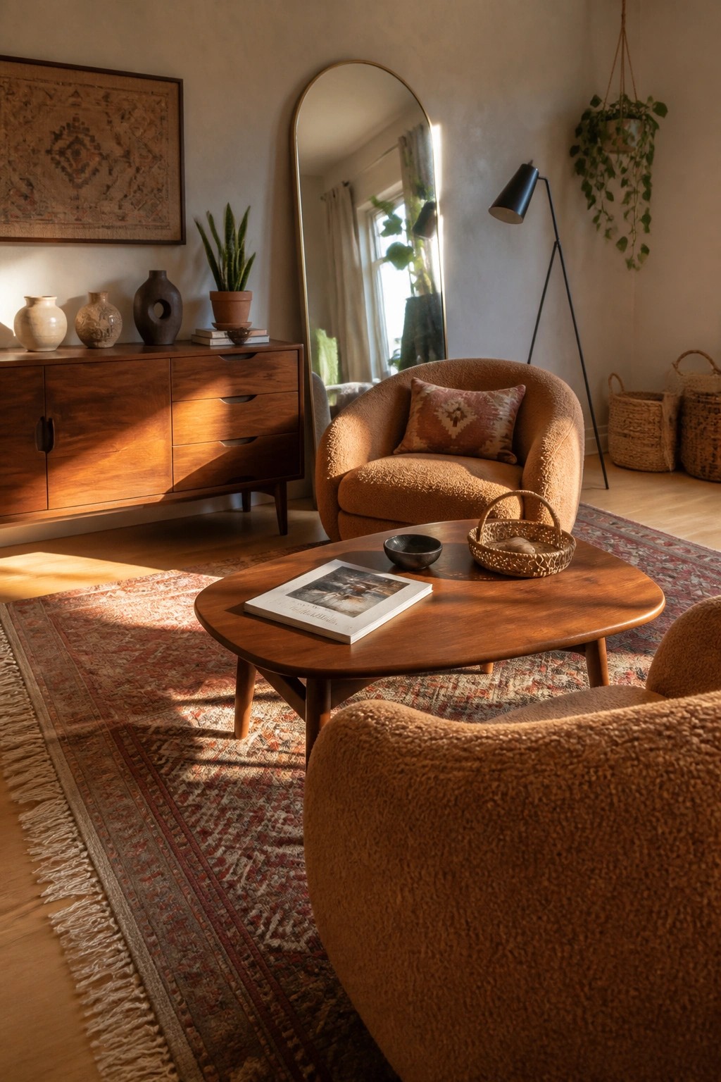A modern boho living room featuring two rounded orange bouclé accent chairs on a patterned rug, with a wooden coffee table and a wooden sideboard holding vases and a plant.