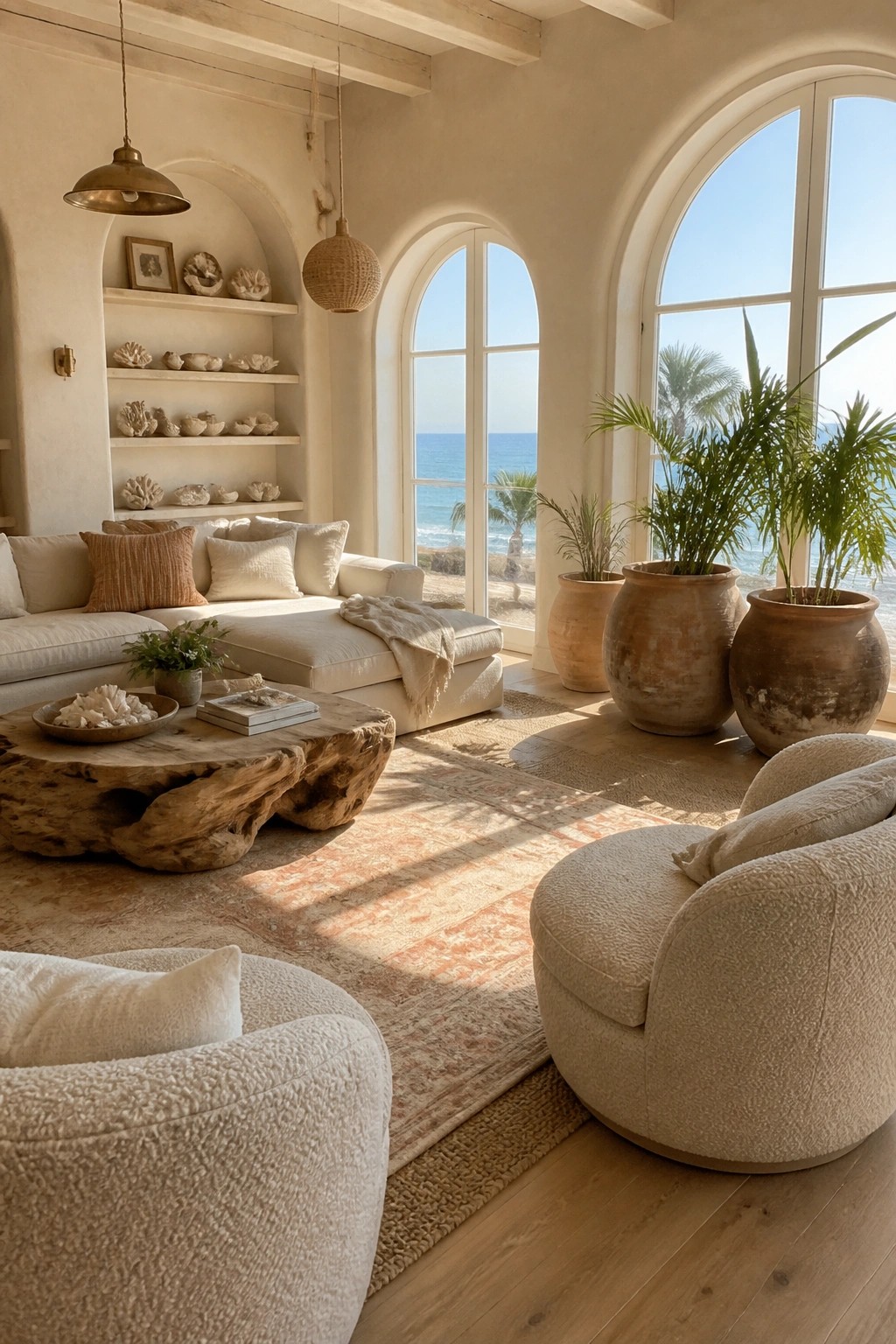 A coastal living room with arched windows, a white sectional sofa, two round bouclé accent chairs on a patterned rug, and large terracotta pots with plants.