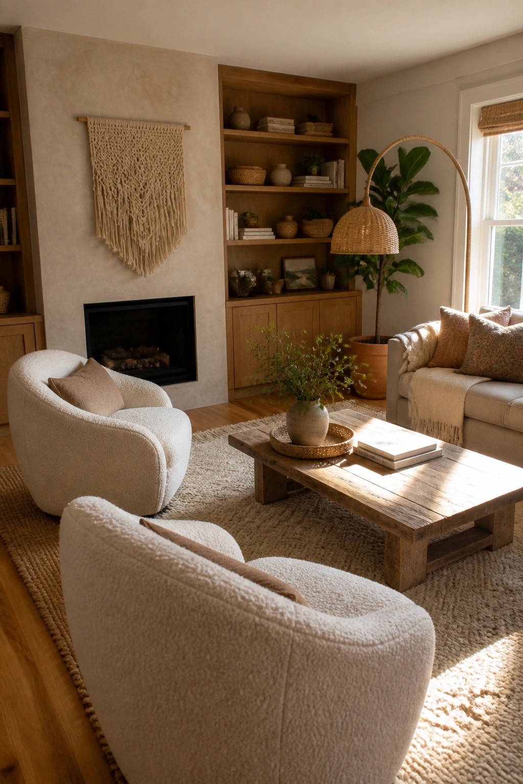 A living room featuring two white bouclé armchairs facing a rustic wooden coffee table, with built-in wooden shelves and a fireplace in the background.