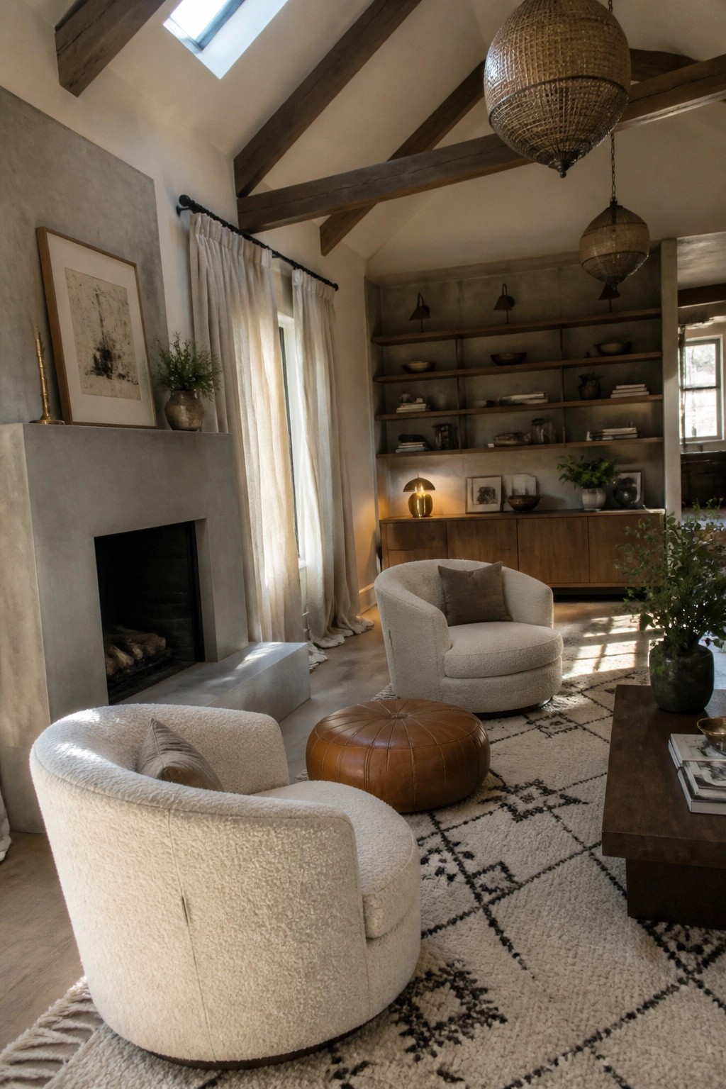 Two white bouclé swivel chairs sit on a patterned rug beside a brown leather ottoman in a living room with a concrete fireplace and built-in shelves.
