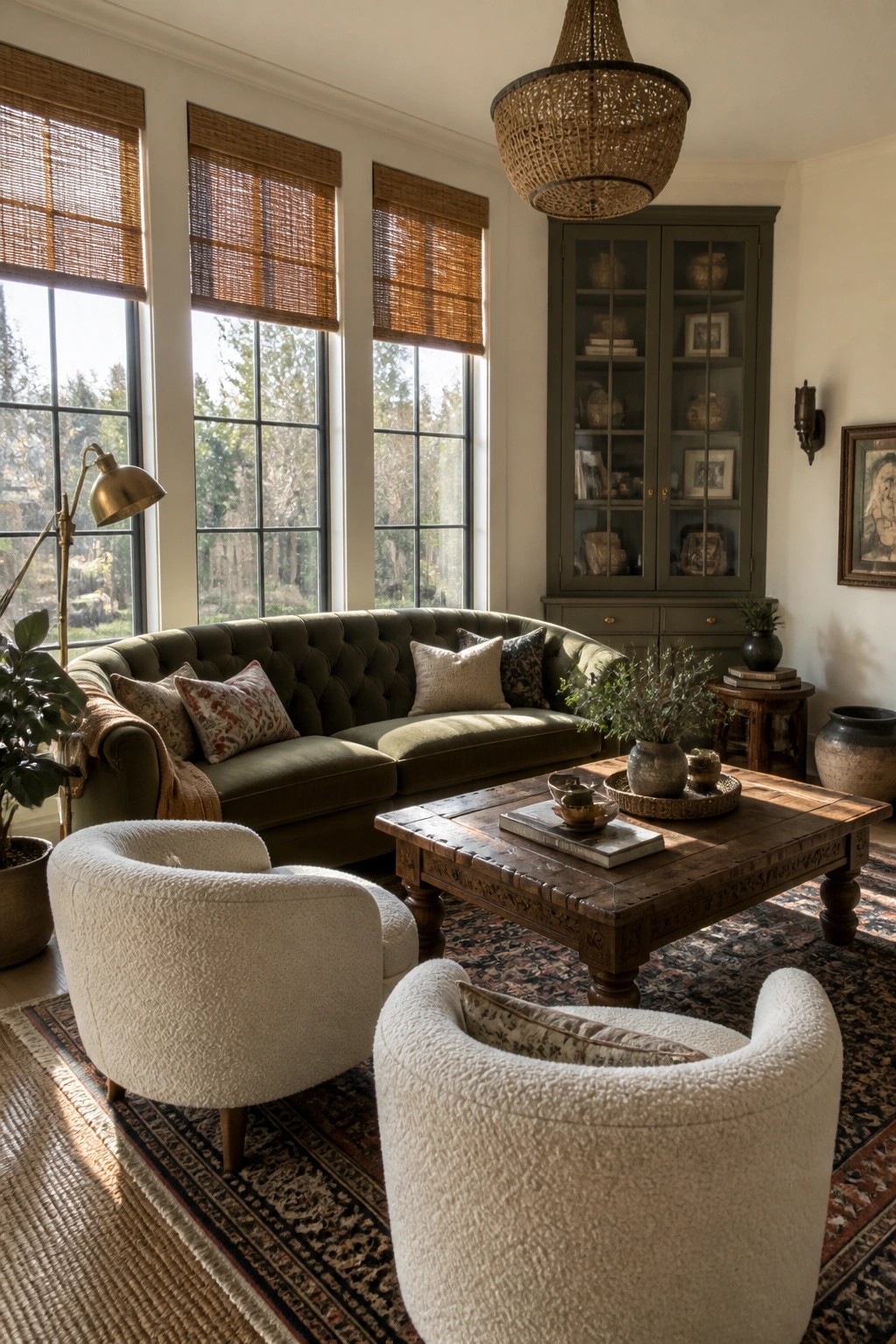A living room featuring two white bouclé accent chairs facing a green tufted sofa across a wooden coffee table, with woven blinds and a large cabinet in the background.