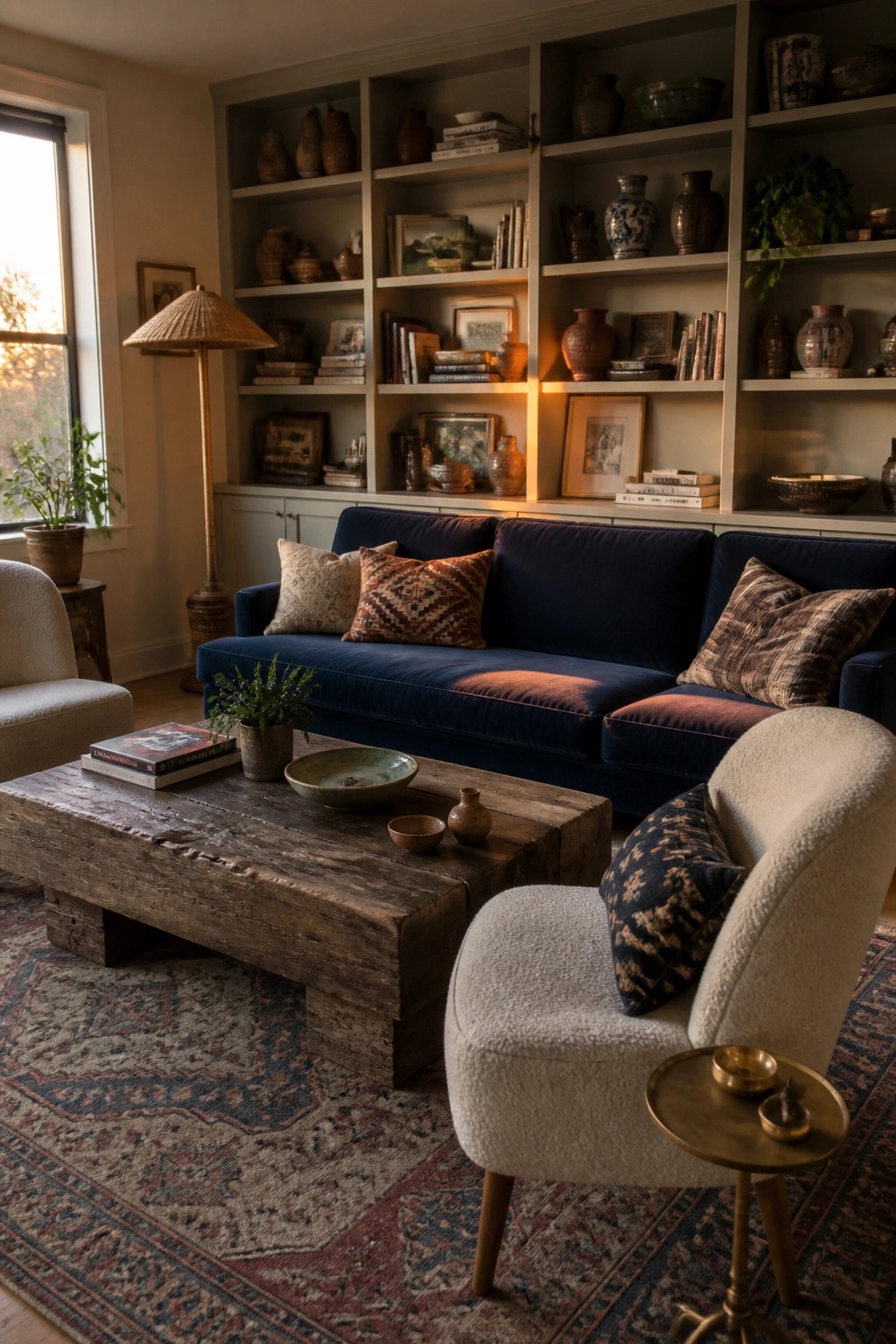 Cozy living room with navy sofa, rustic coffee table, white chairs, and full bookshelves