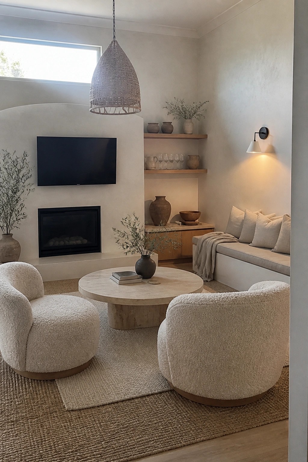 Two cream bouclé accent chairs flank a round stone coffee table in a neutral living room with a black fireplace, built-in wooden shelves, and a built-in bench with pillows.