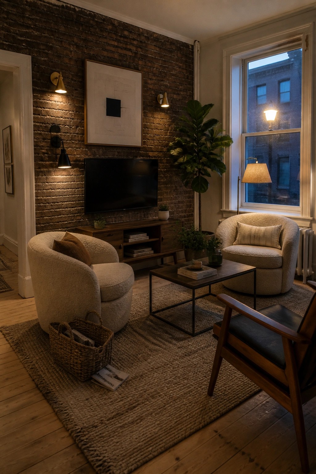 Living room interior with two round bouclé armchairs, exposed brick wall, wall-mounted TV, wooden media console, and black metal coffee table on a large woven rug.