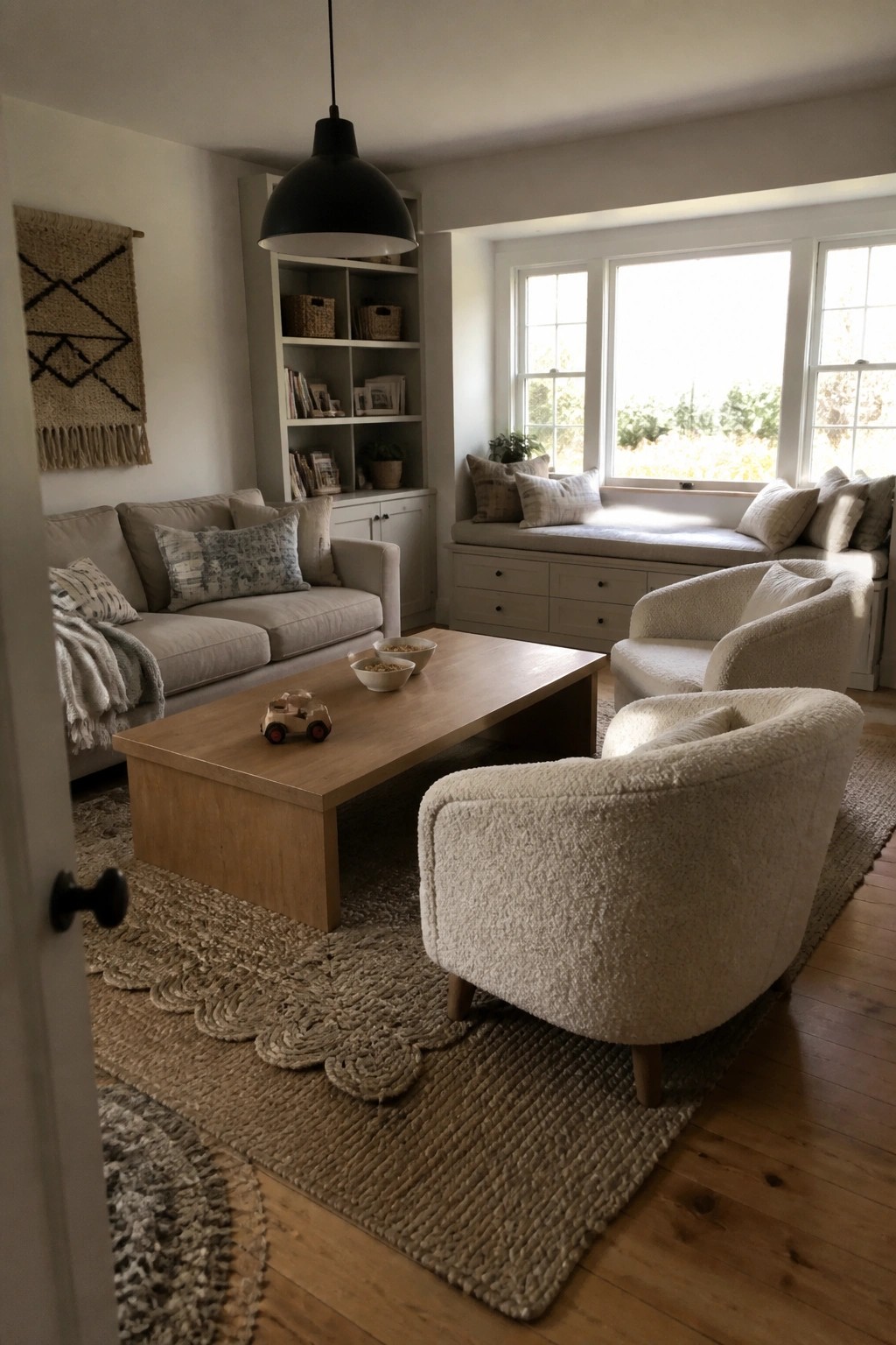 Cozy living room with beige sofa, boucle armchairs, wooden coffee table, and window seat.