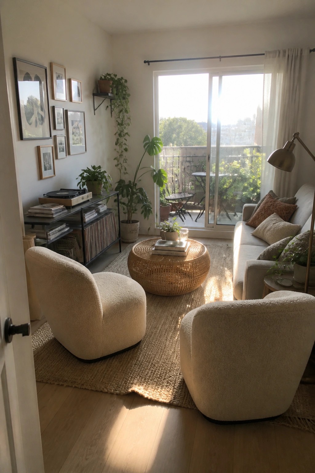 Sunlit living room with cream boucle chairs, woven table, plants, and record console.