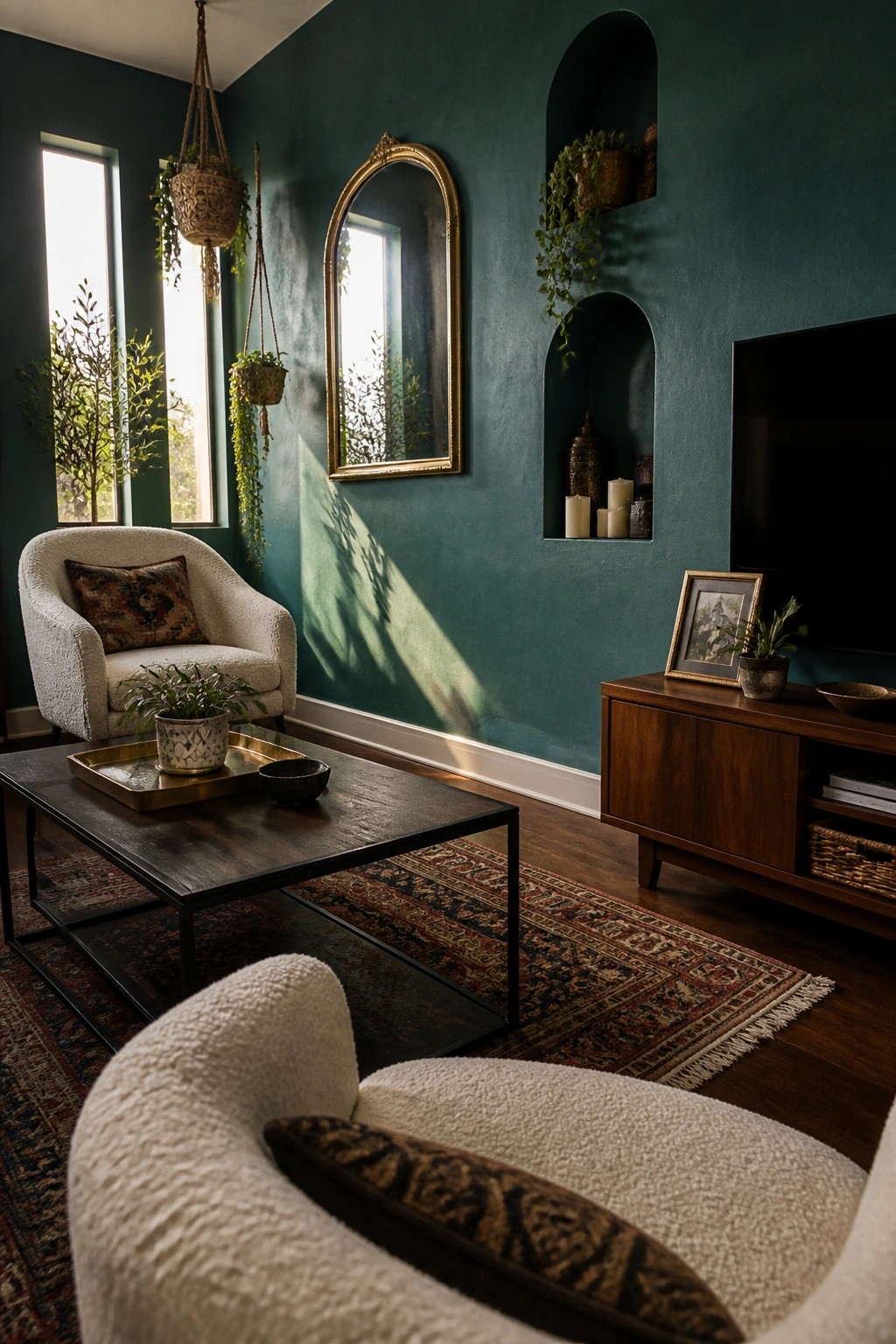 A living room with deep teal walls, two white bouclé accent chairs, a dark coffee table on a patterned rug, built-in arched niches, and hanging plants near tall windows.