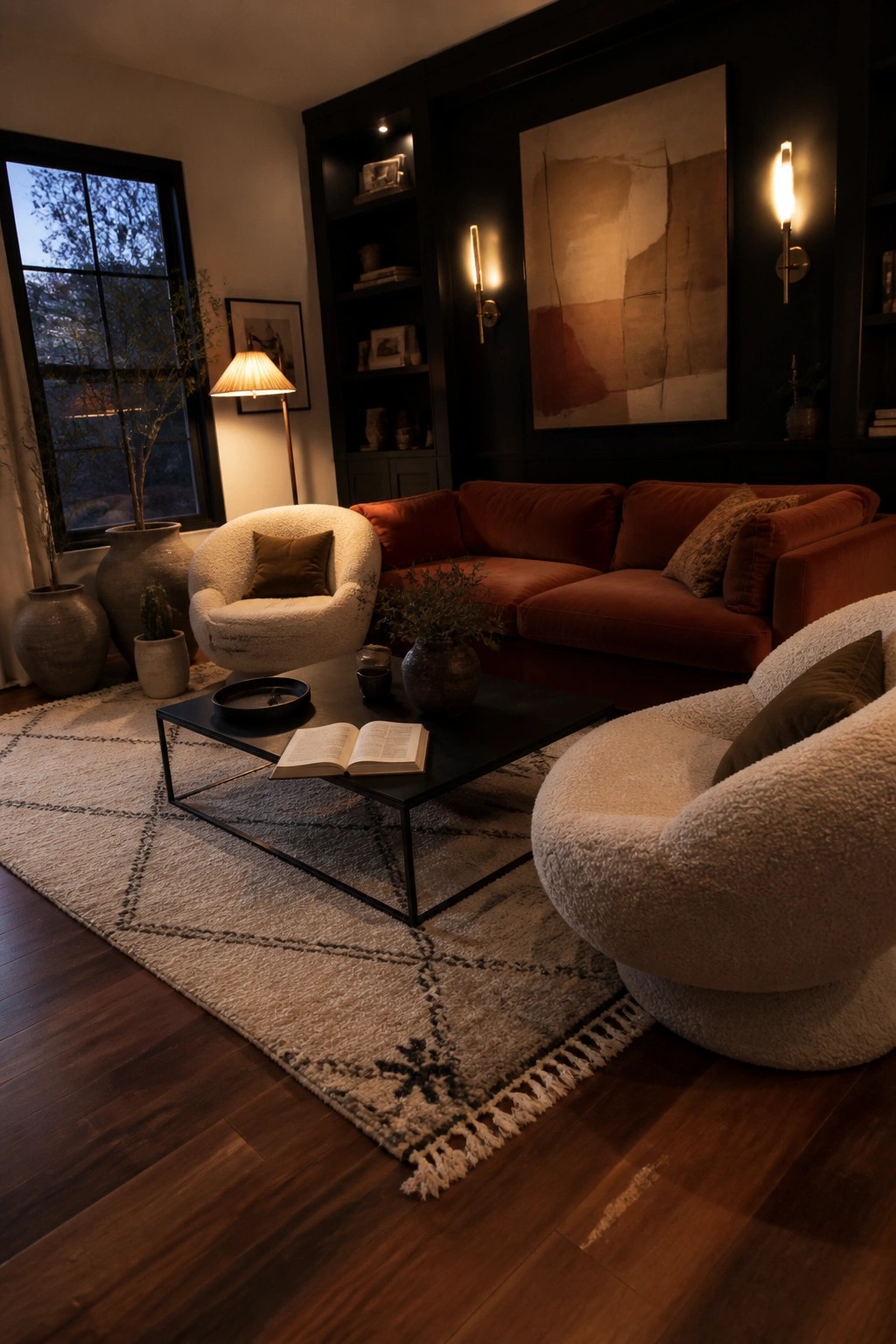 A modern living room with two cream bouclé accent chairs, a rust velvet sofa, a black coffee table, and dark walls featuring abstract art and wall sconces.