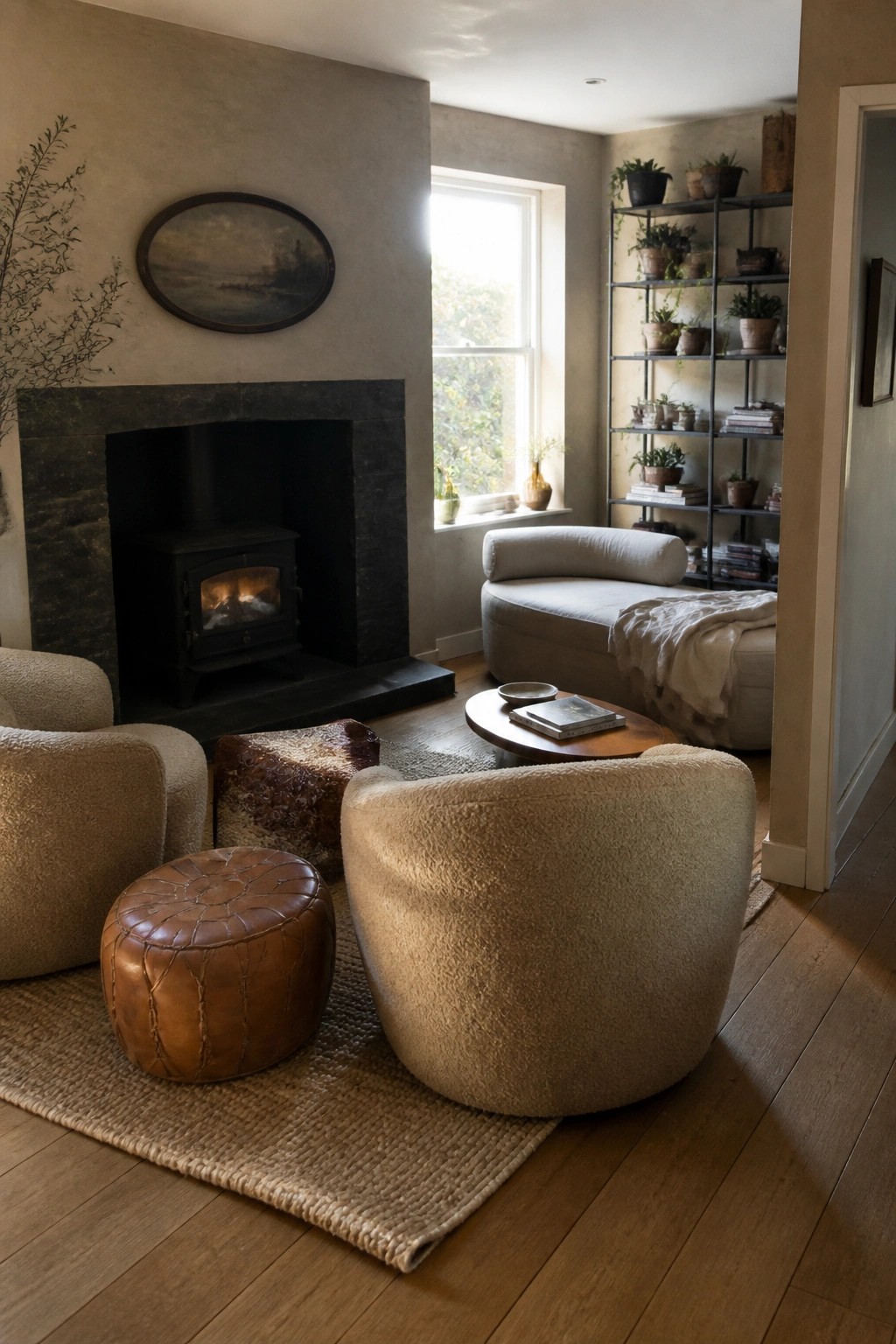 A living room with two bouclé accent chairs on a jute rug facing a black fireplace with a lit wood stove, a brown leather ottoman nearby, and a tall metal shelving unit with plants in the background.