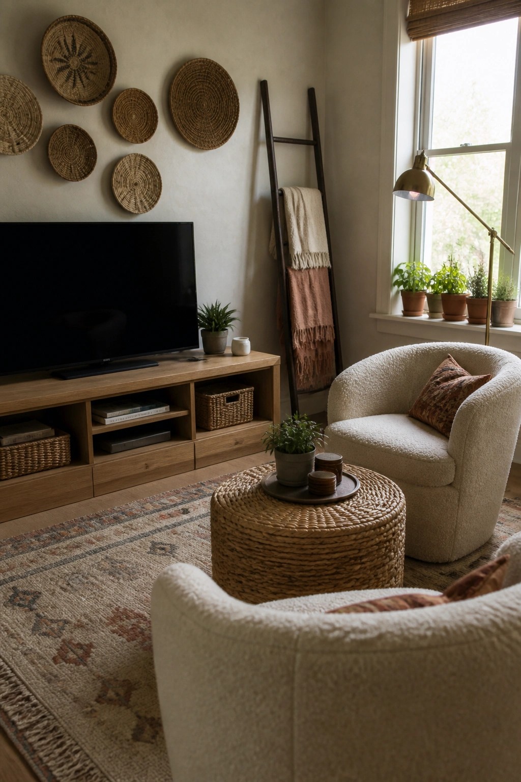 A living room with two white bouclé accent chairs, a woven ottoman, a wooden TV console with baskets, and woven wall decor on a light wall.