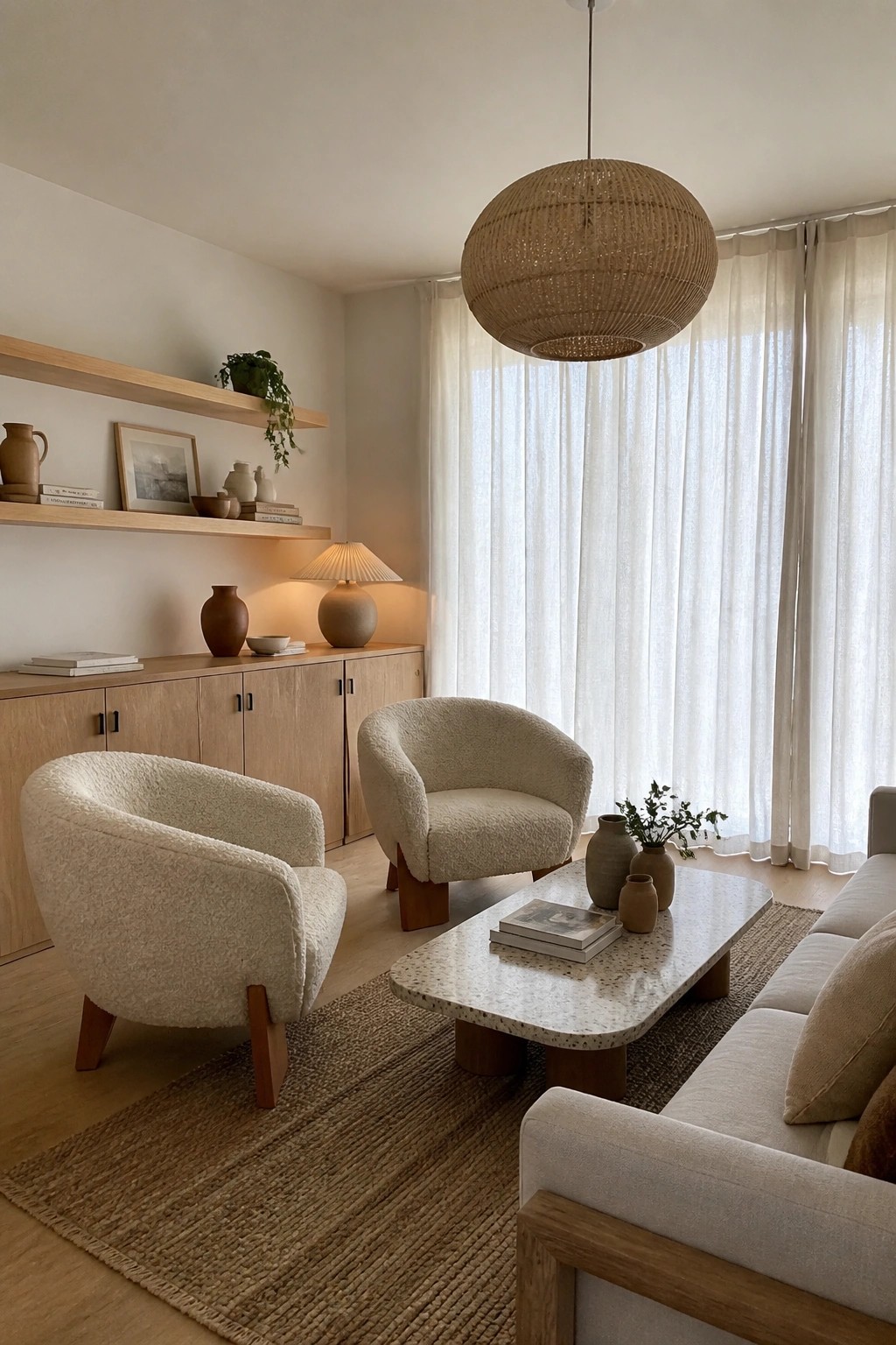 A bright living room featuring two cream bouclé armchairs, a speckled coffee table on a jute rug, and a large woven pendant light beside sheer curtains.