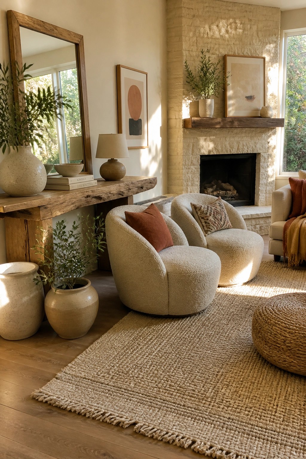 Two round cream bouclé chairs with rust and patterned pillows sit on a fringed woven rug in front of a stone fireplace.