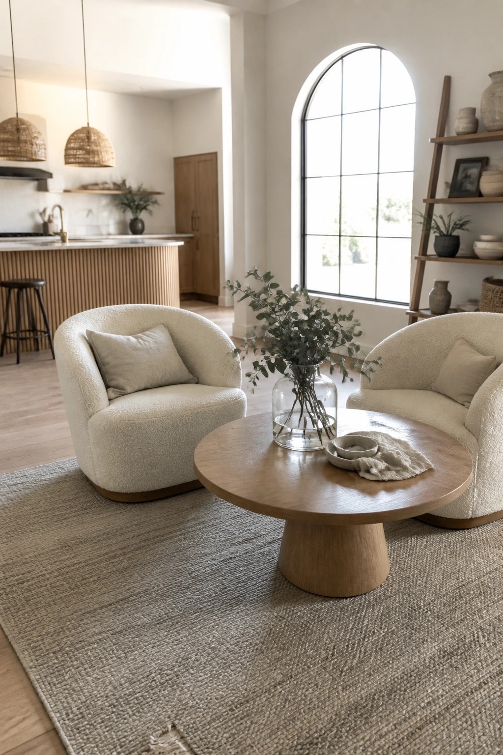 Two cream bouclé armchairs flank a round wooden coffee table with a glass vase of greenery on a large neutral rug in an open living space.