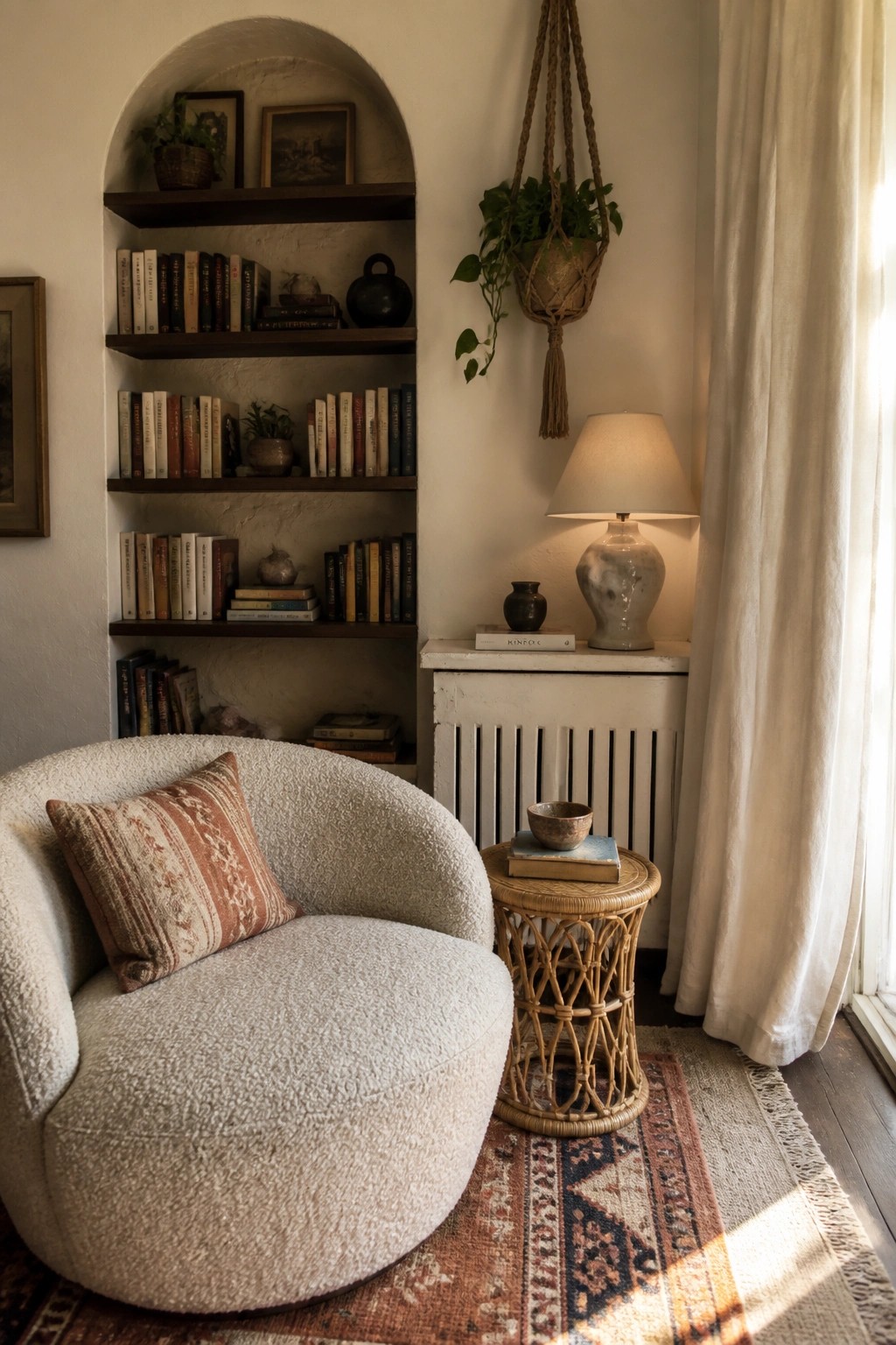 Cozy white bouclé armchair beside wicker table near arched bookshelf and hanging plant.