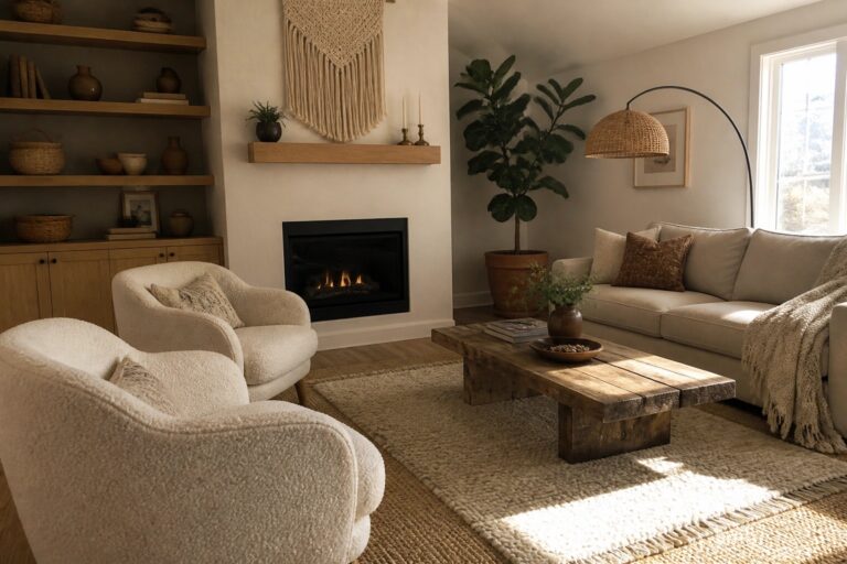 A living room featuring two white bouclé armchairs facing a rustic wooden coffee table, with built-in wooden shelves and a fireplace in the background.