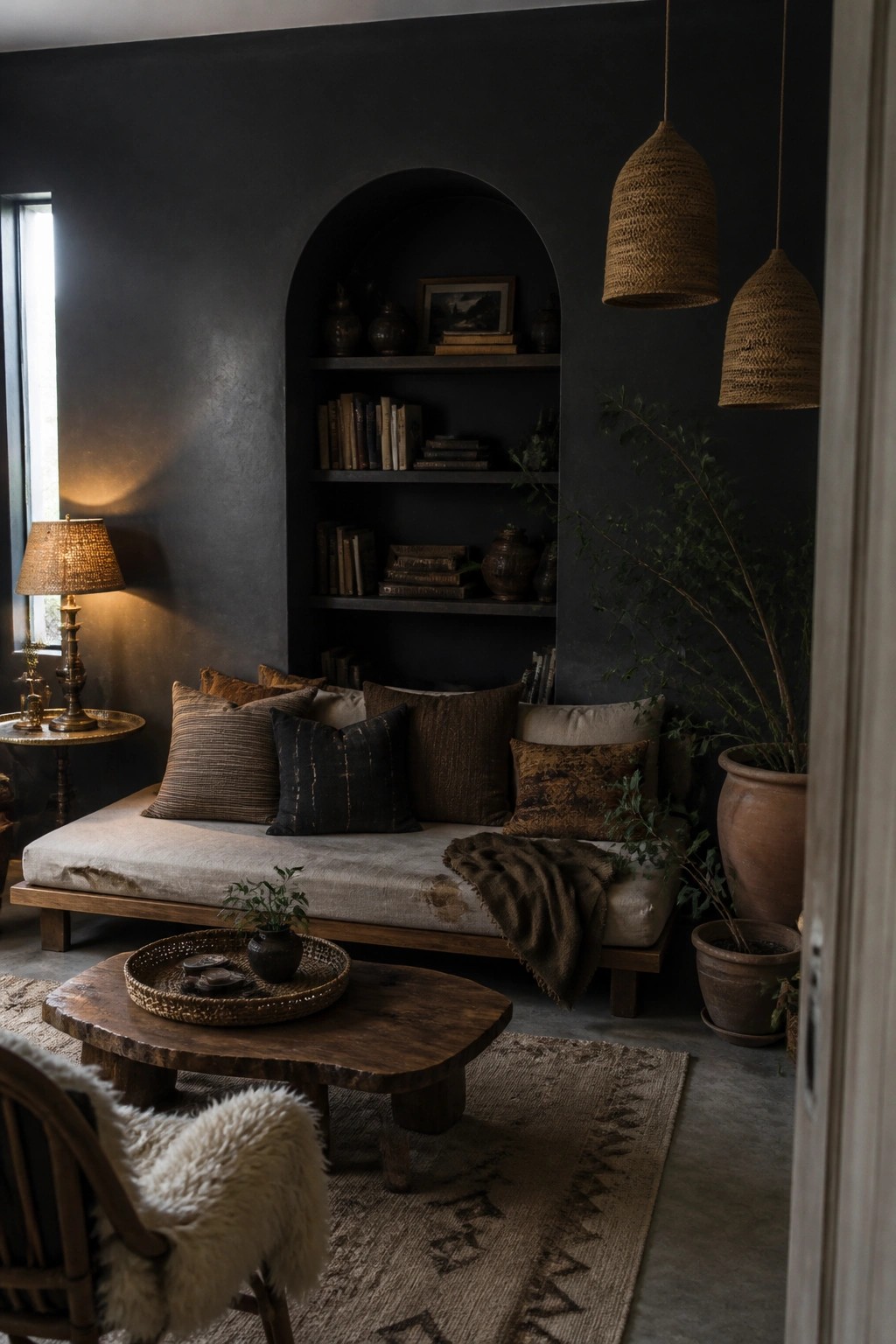 A living room with a dark charcoal wall featuring an arched built-in shelving unit above a low daybed with pillows and a wooden coffee table in front.