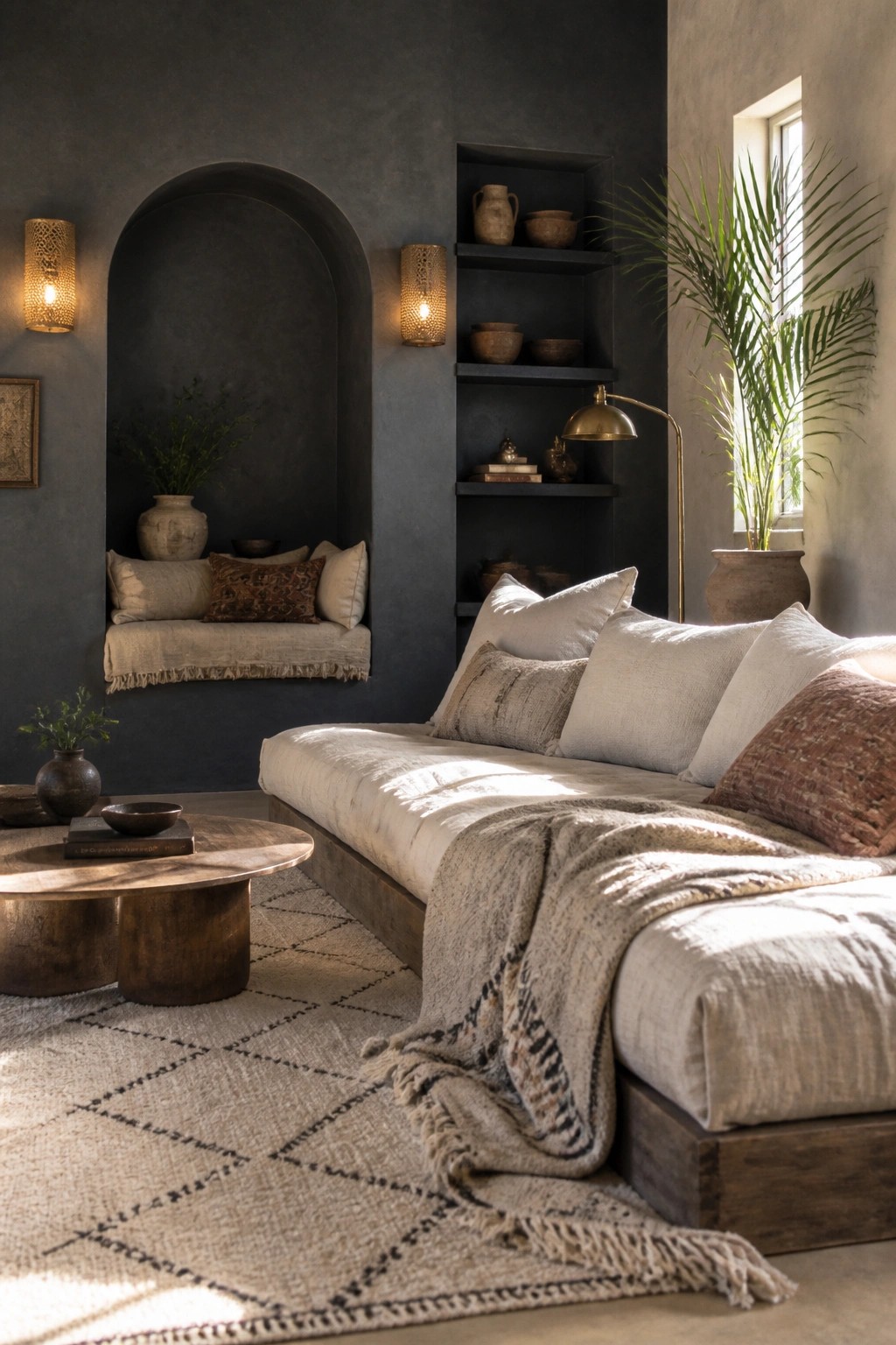 A living room interior showing a dark charcoal wall with an arched niche containing a cushioned daybed, built-in shelves with pottery and books, and an adjacent sofa with neutral and patterned pillows.