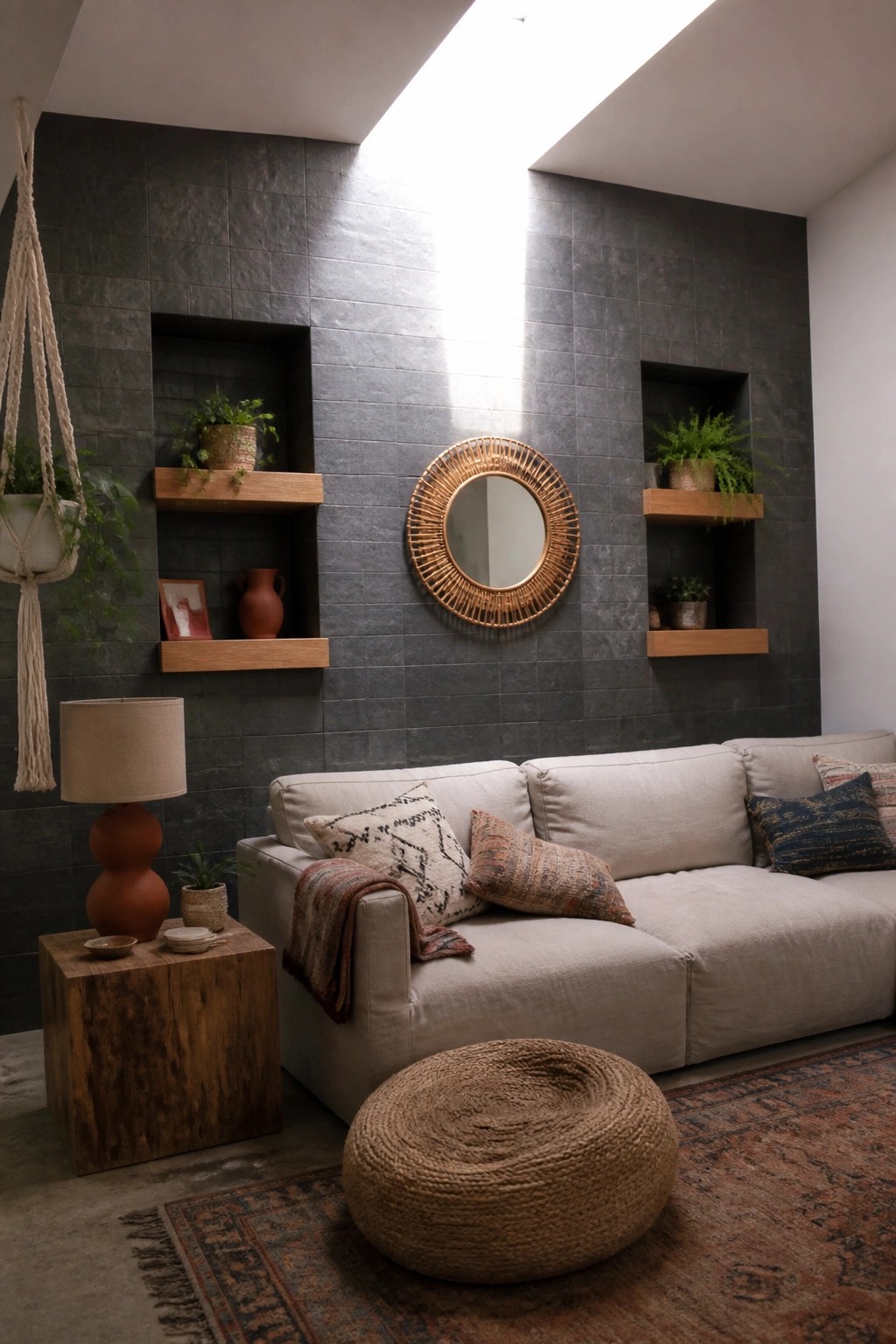 A living room with a light-colored sofa in front of a dark gray tiled feature wall that has recessed wooden shelves holding plants and decor, plus a round woven mirror centered on the wall.